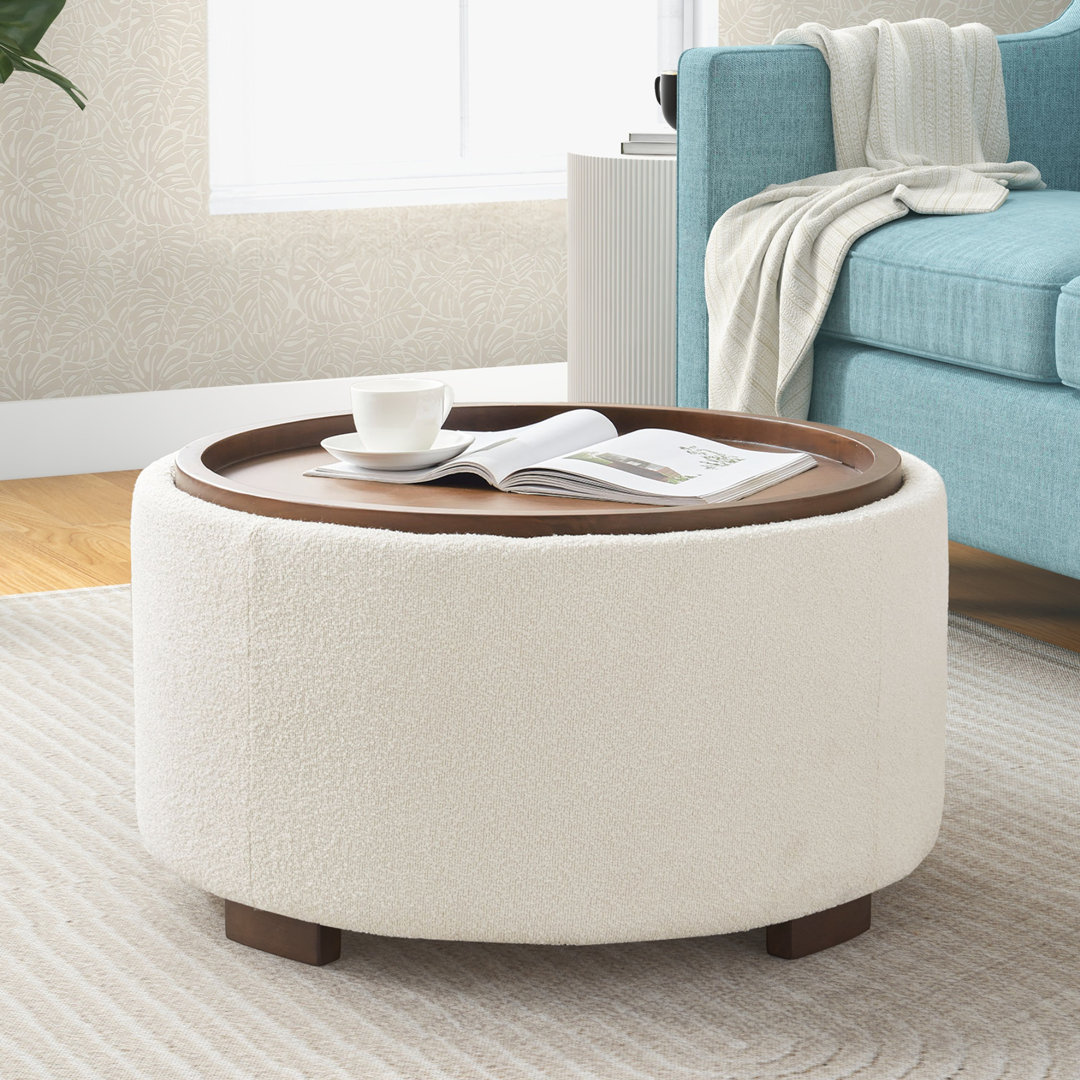 Caysey 30.1" W Upholstered Round Storage Ottoman with Wooden Tray